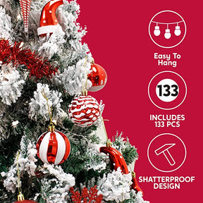 Conjunto de 133 Enfeites de Natal Vermelho e Branco