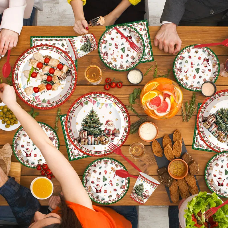 Kit de Talheres para Festa de Natal com 140 Peças - Pratos, Copos e Talheres Descartáveis