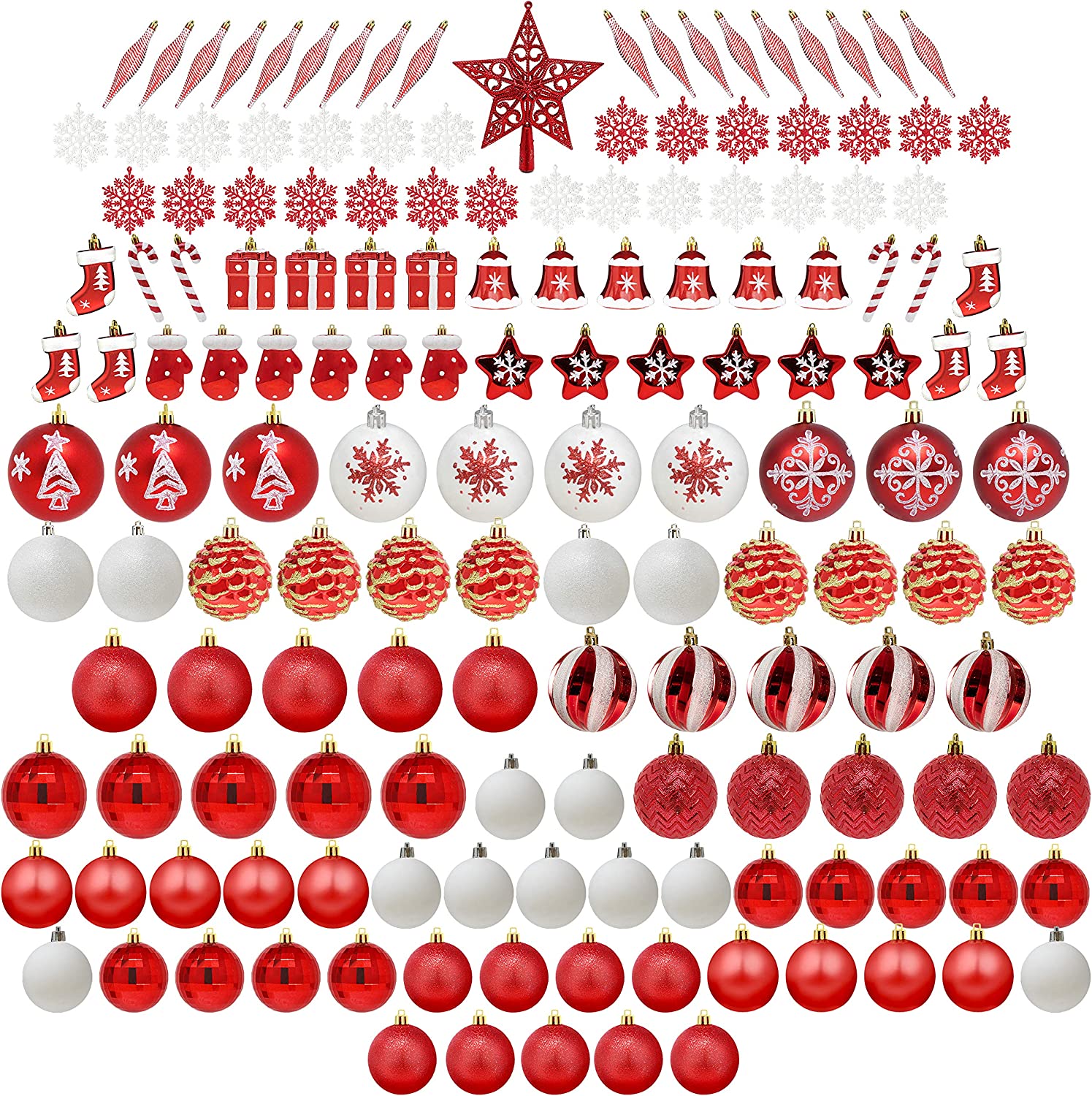 Conjunto de 157 Enfeites de Natal Vermelho e Branco